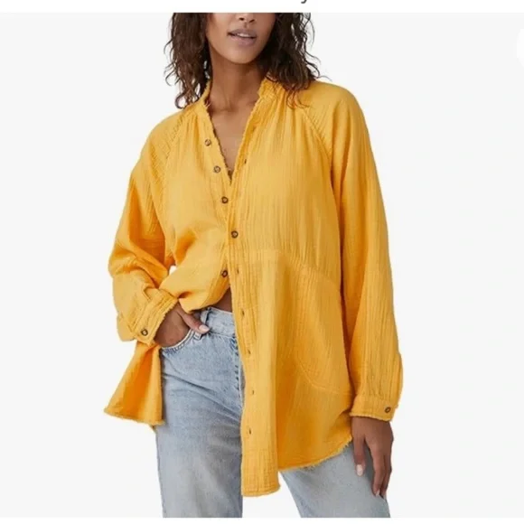 We The Free Mustard Button-Down Shirt S - Picture 1 of 6